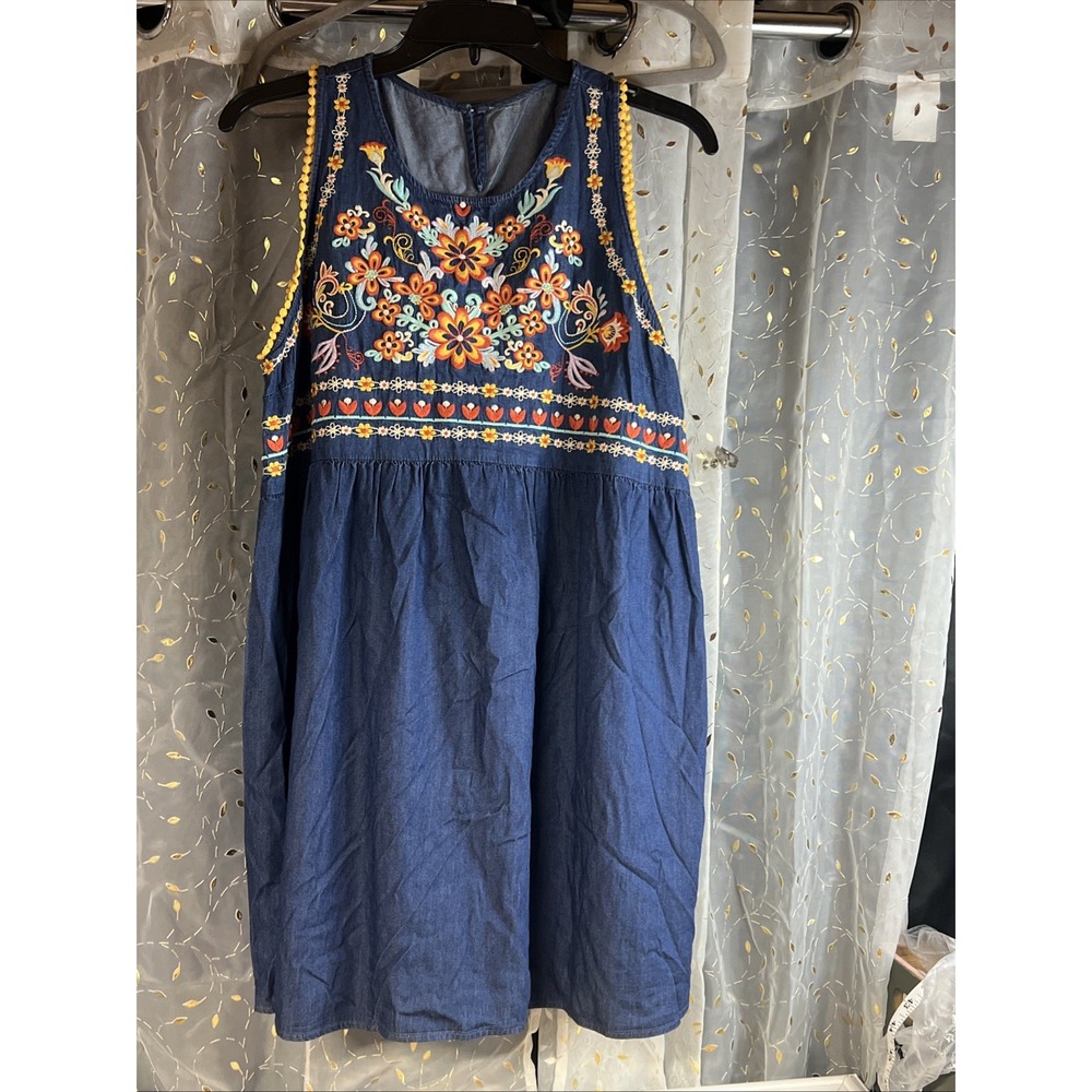 Savanna Jane Dress Womens Large Blue Denim Embroidered Floral Boho Western